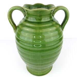Vintage Green Glazed Pottery Vase,Crackle Finish Dual Handles 9″ Farmhouse Decor